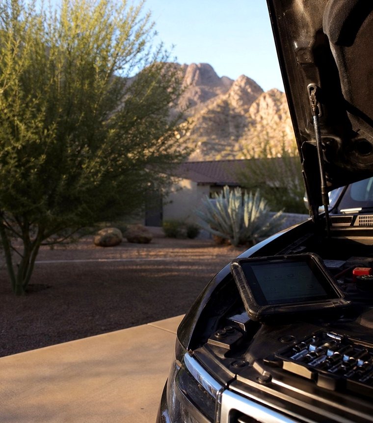 Tempe mobile mechanic running diagnostics at a desert home